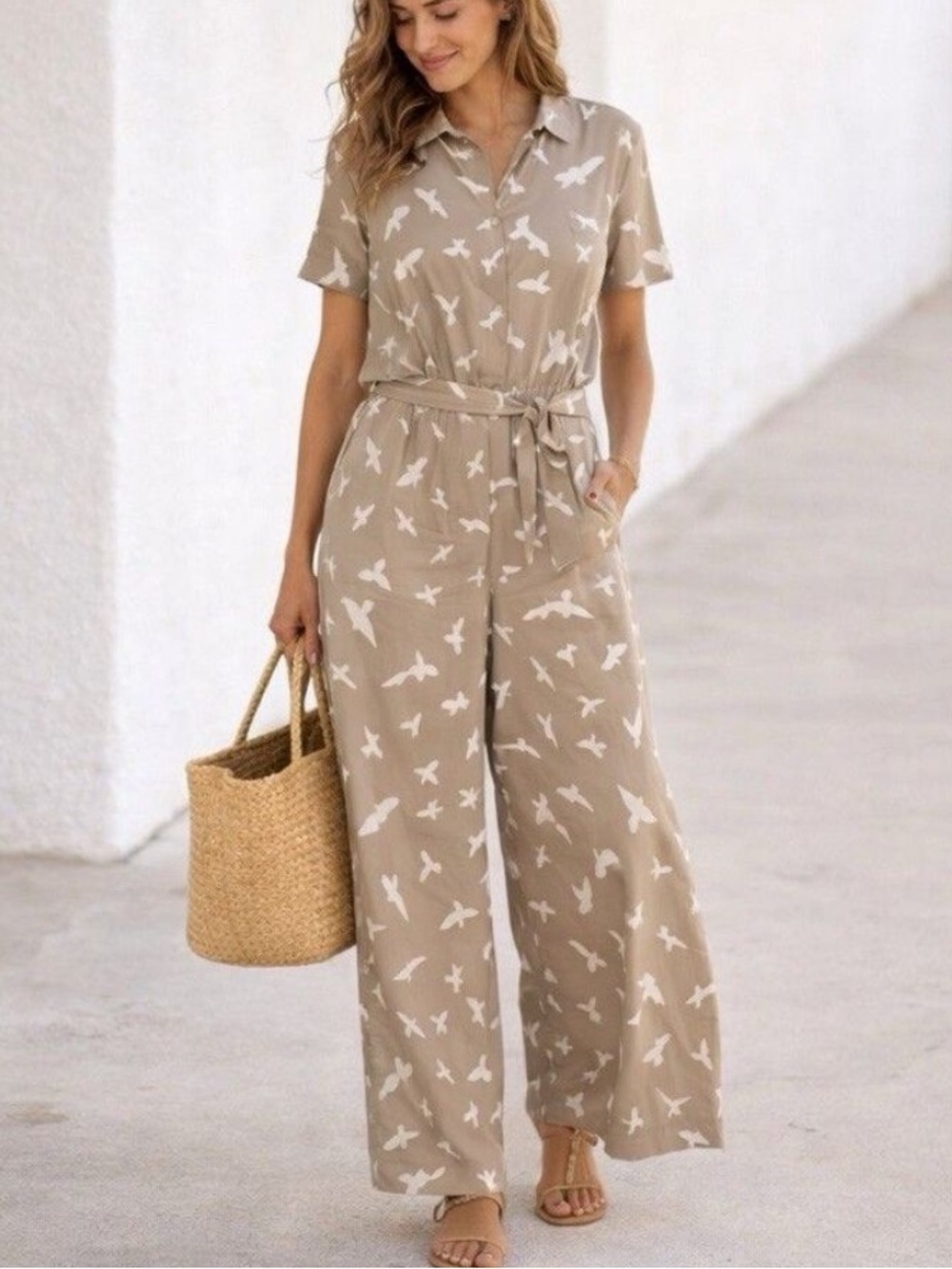 Corey Lynn Calter Taupe Bird-Print Short Sleeve Jumpsuit